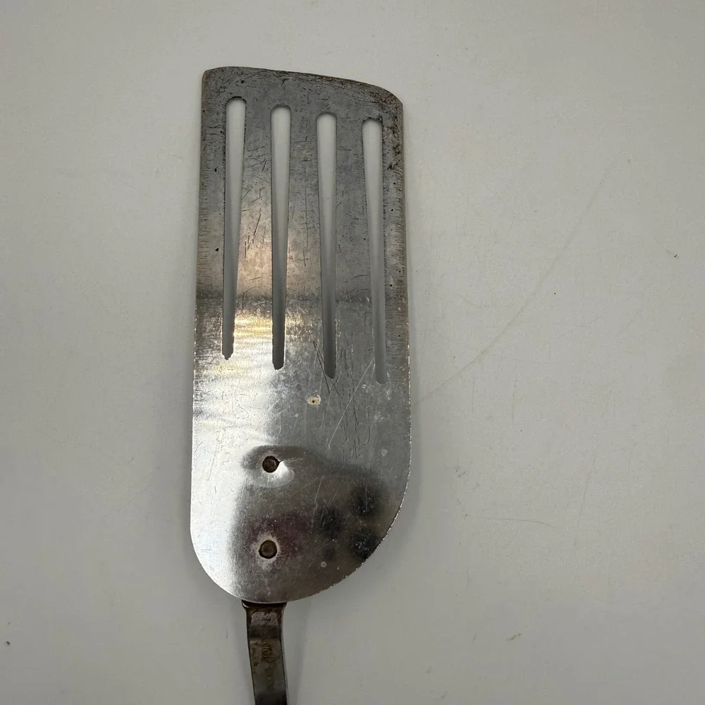 Vintage Koco China Stainless Steel Slotted Spatula Turner Black Plastic Handle